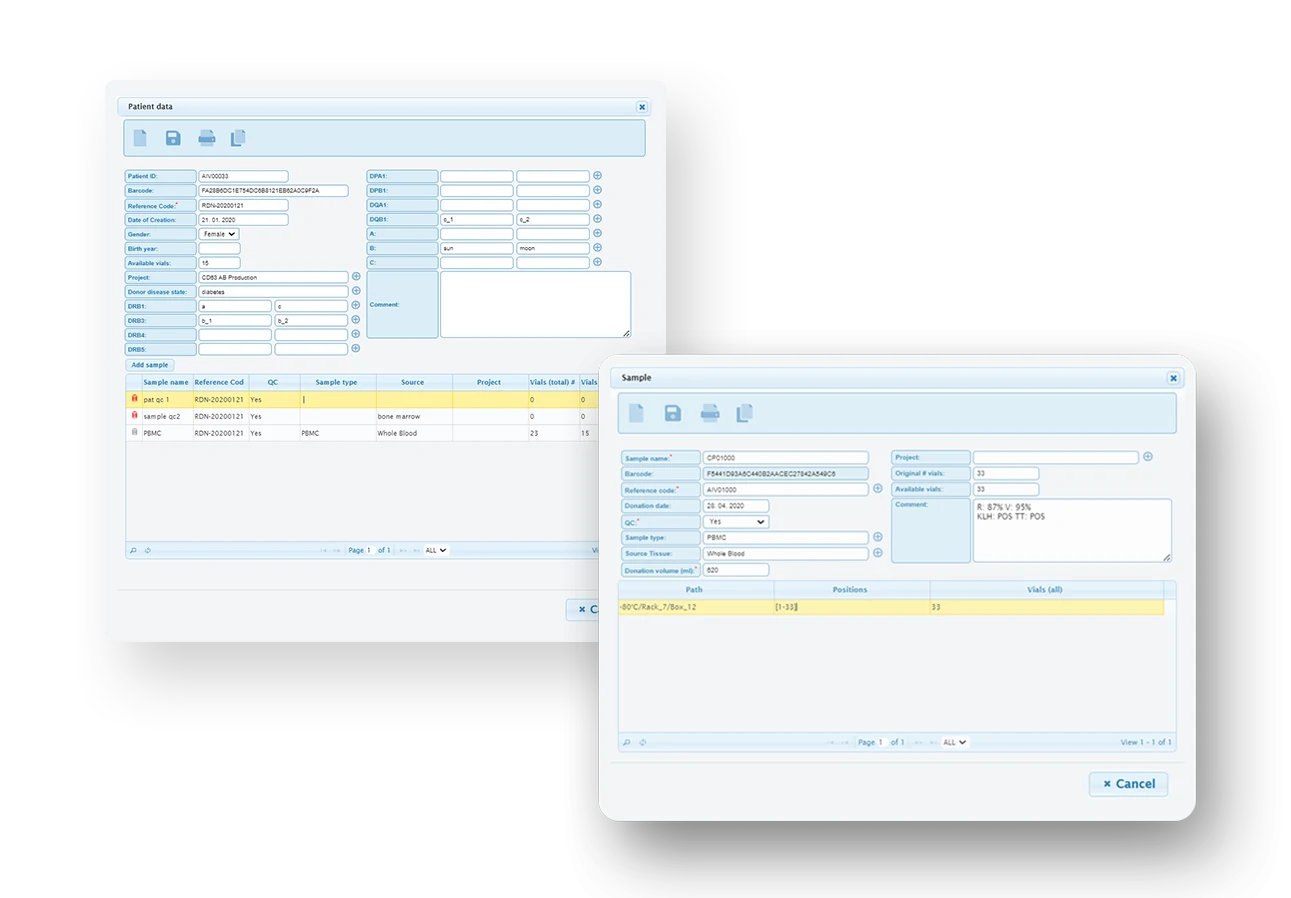 LABA LIMS Biobanking module interface showing bespoke patient registry, dynamic consent tracking, and clinical sample repository