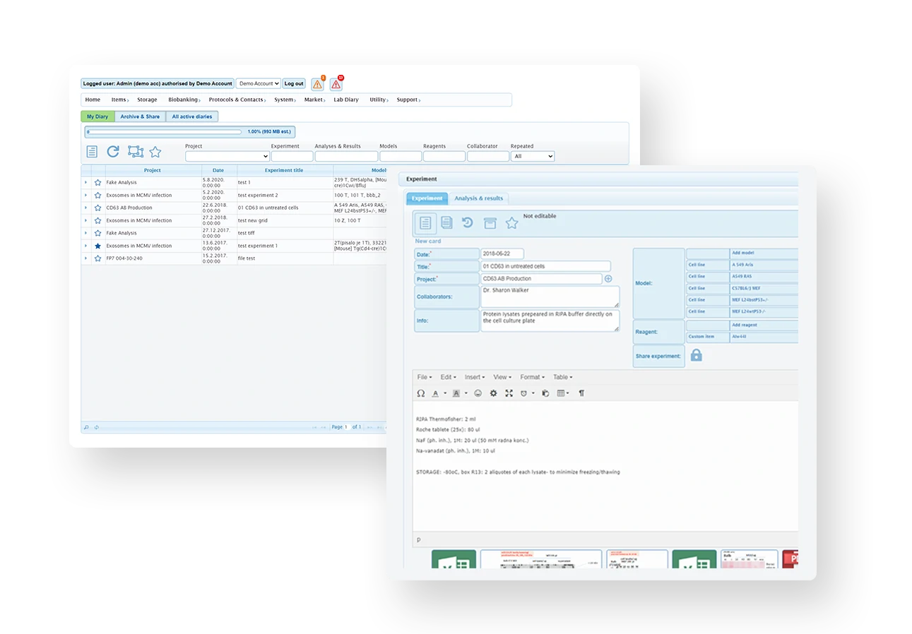 LABA LIMS Custom Electronic Lab Diary and experiment tracking software interface showing bespoke research collaboration tools