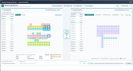 LABA LIMS Storage Relocation module interface showing dual-pane visual specimen transfer, automated packing modes, and ALCOA+ audit controls