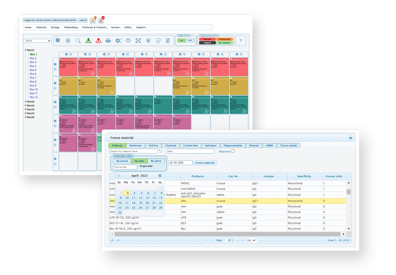 LABA LIMS Virtual Storage module software interface showing bespoke digital mapping of laboratory freezers and cryo-tanks